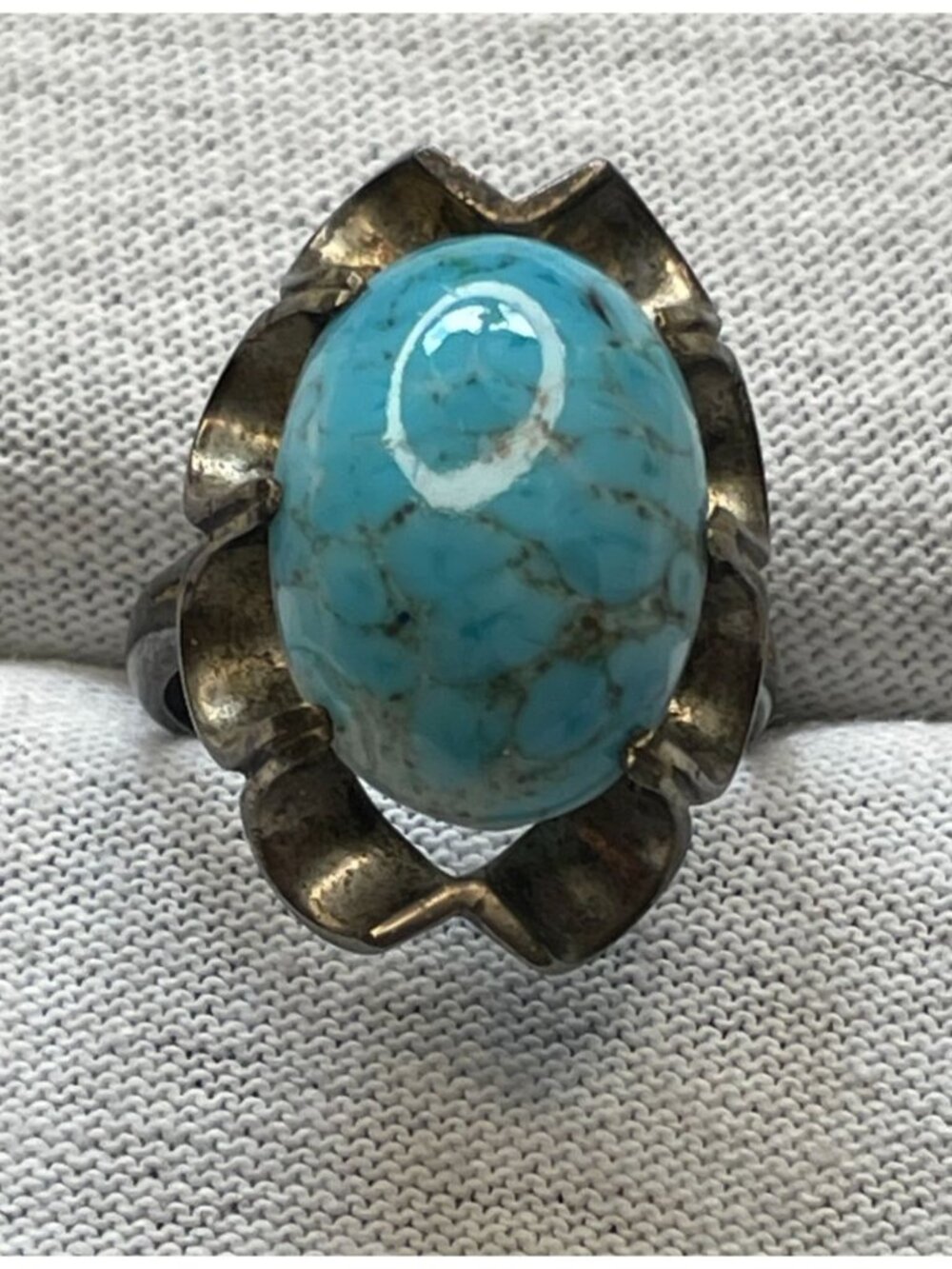 Vintage 925 Silver Faux Turquoise Peking Glass Crown Prong Brutalist Ring 7.75